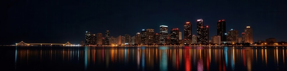Refined golden outline, Florida cityscape at night, black background, illustration, luxury, panorama