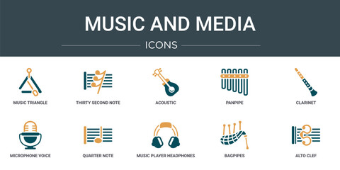 set of 10 outline web music and media icons such as music triangle, thirty second note rest, acoustic, panpipe, clarinet, microphone voice recording, quarter note vector icons for report,