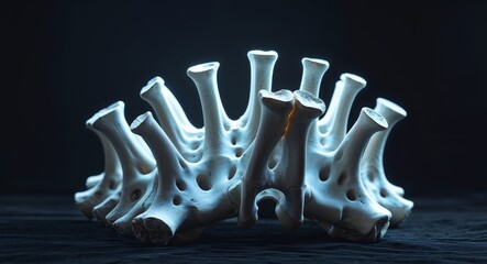 Abstract representation of vertebrae illuminated with glowing effects in a dark background