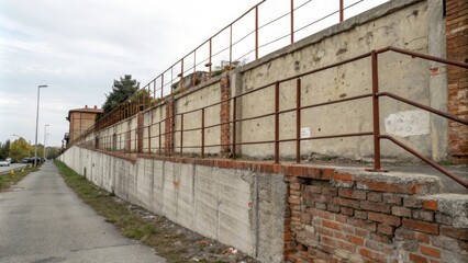 Weathered concrete wall with exposed bricks and rusty metal railings, rough texture, industrial landscape, urban decay, rusty details, weathered surfaces