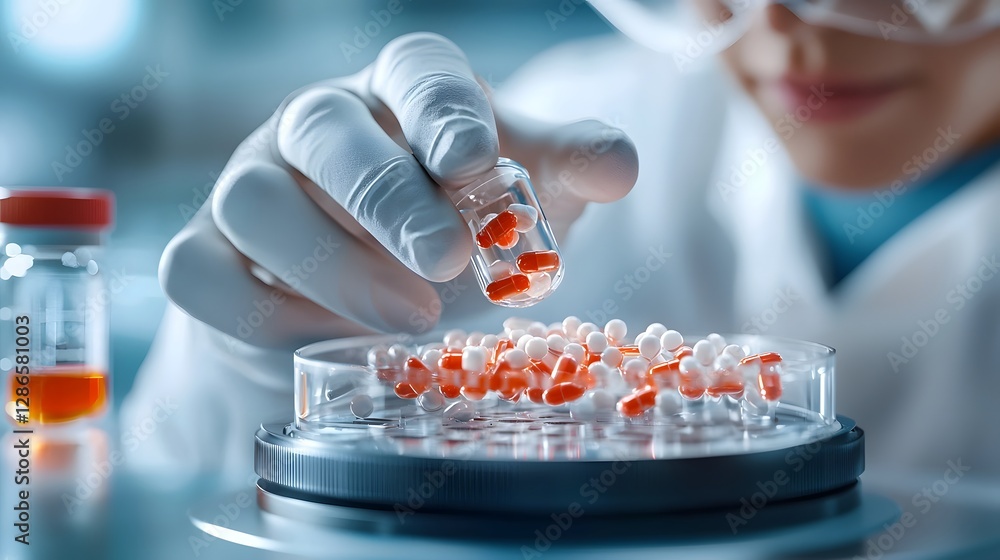 Poster holographic medicine analysis being conducted in a high tech laboratory setting showcasing a futuris