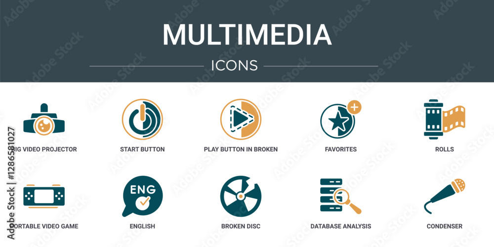 Poster set of 10 outline web multimedia icons such as big video projector, start button, play button in bro