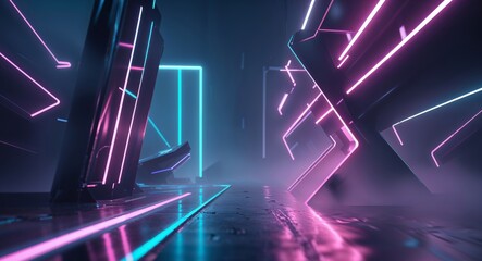 Futuristic technology structures glowing in a dark environment with neon accents