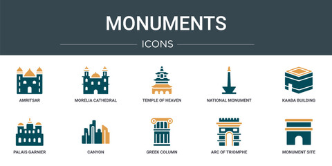 set of 10 outline web monuments icons such as amritsar, morelia cathedral in mexico, temple of heaven in beijing, national monument monas, kaaba building, palais garnier, canyon vector icons for