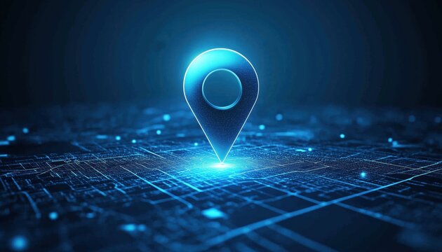 Exploring Location On Map And Pinning Above Blue Tone Cityscape With Network Connection, Internet Of Things, And Globalization Satellite Navigation System.