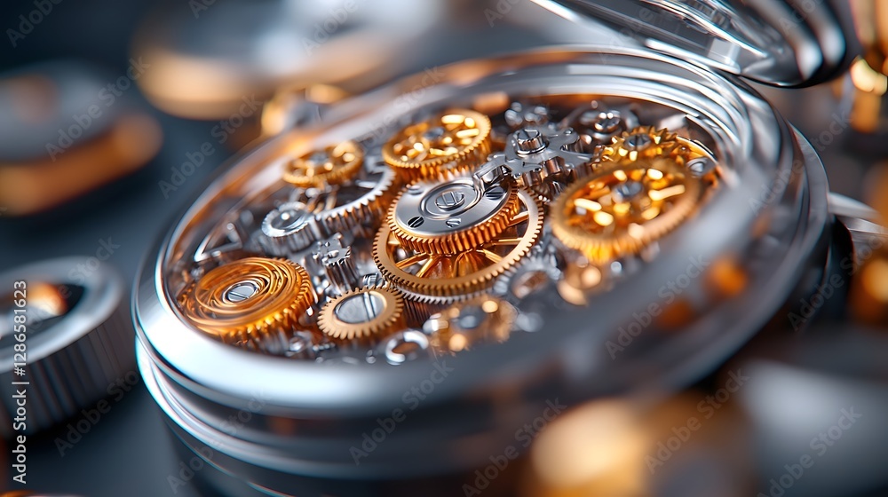 Aufkleber intricate interlocking golden and steel cogs captured in a mesmerizing macro level view showcasing t