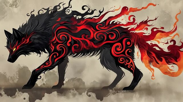A black wolf with red flames and flowing, ornamental patterns on a light background.