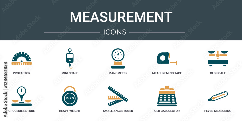 Poster set of 10 outline web measurement icons such as protactor, mini scale, manometer, measureming tape, 