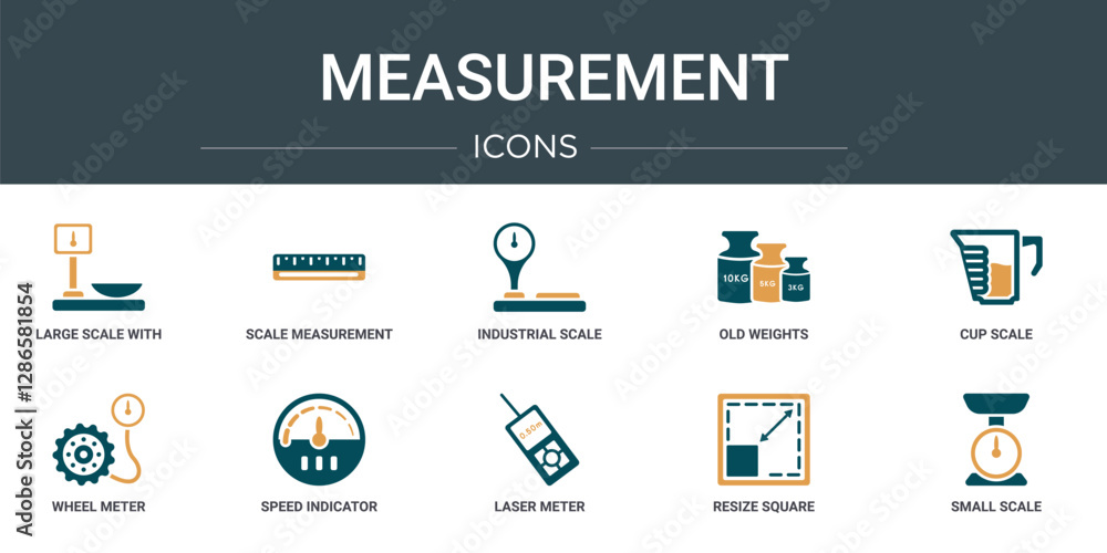 Aufkleber set of 10 outline web measurement icons such as large scale with suitcase, scale measurement, indust