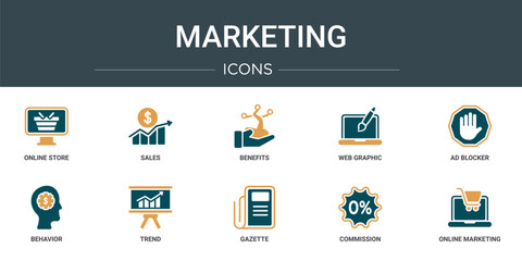 set of 10 outline web marketing icons such as online store, sales, benefits, web graphic, ad blocker, behavior, trend vector icons for report, presentation, diagram, web design, mobile app