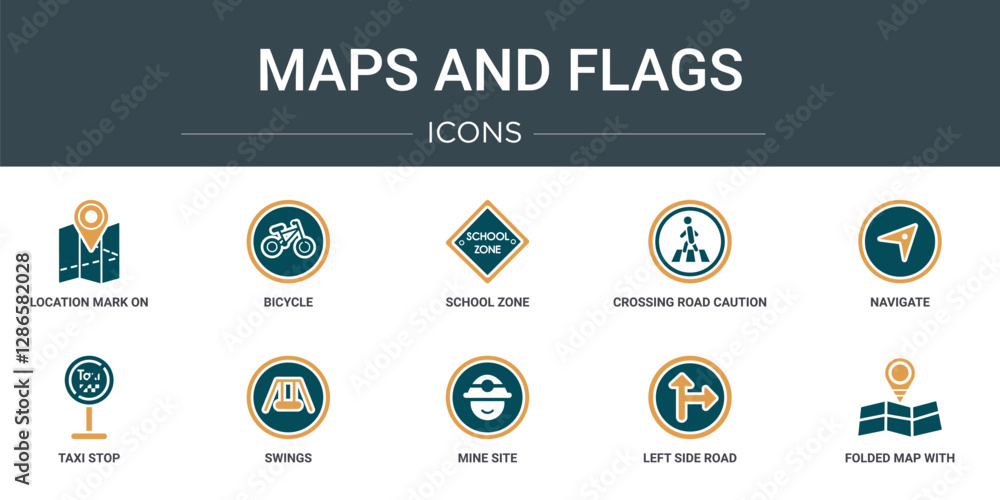 Poster set of 10 outline web maps and flags icons such as location mark on printed map, bicycle, school zon