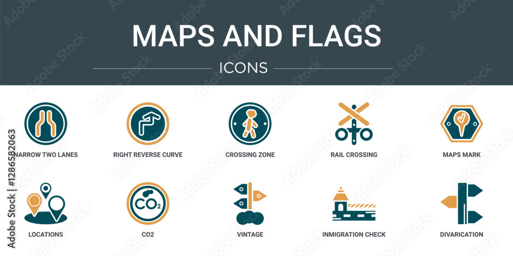 Poster set of 10 outline web maps and flags icons such as narrow two lanes, right reverse curve, crossing z