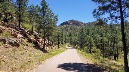 Obraz premium Driving Through Scenic Mountain Road Lined with Pine Trees and Rocks