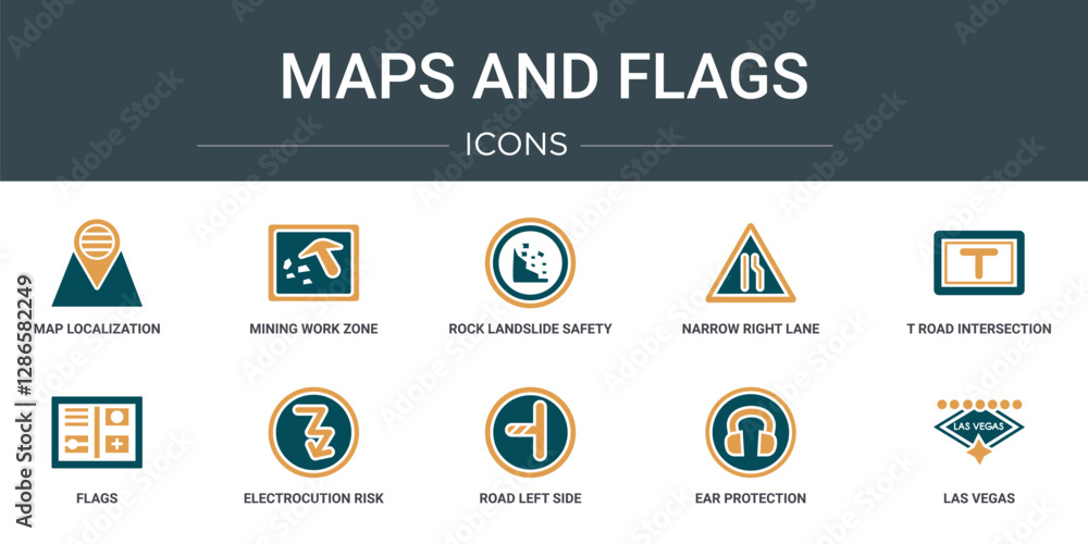 Poster set of 10 outline web maps and flags icons such as map localization, mining work zone, rock landslid