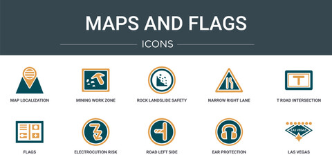 set of 10 outline web maps and flags icons such as map localization, mining work zone, rock landslide safety, narrow right lane, t road intersection, flags, electrocution risk vector icons for