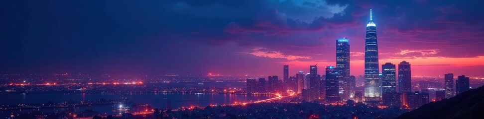 Gleaming skyscrapers pierce a vibrant night sky, city lights ablaze , urban scene, perspective, nightlife