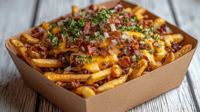 Delicious gourmet loaded fries with melted cheese and crispy bacon, served on square brown wooden table enhancing the presentation