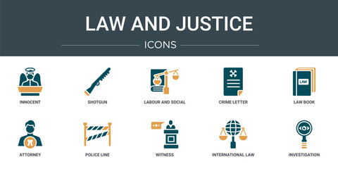 set of 10 outline web law and justice icons such as innocent, shotgun, labour and social law, crime letter, law book, attorney, police line vector icons for report, presentation, diagram, web