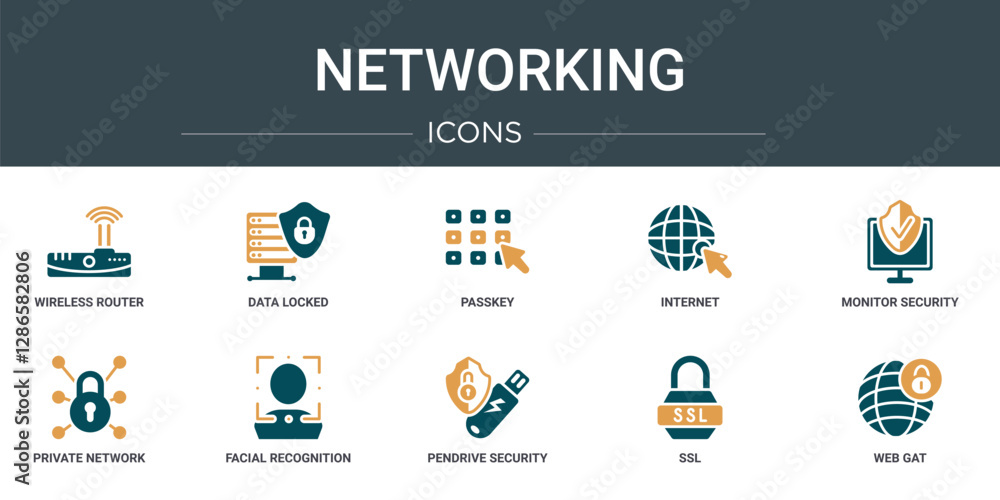 Aufkleber set of 10 outline web networking icons such as wireless router, data locked, passkey, internet, moni