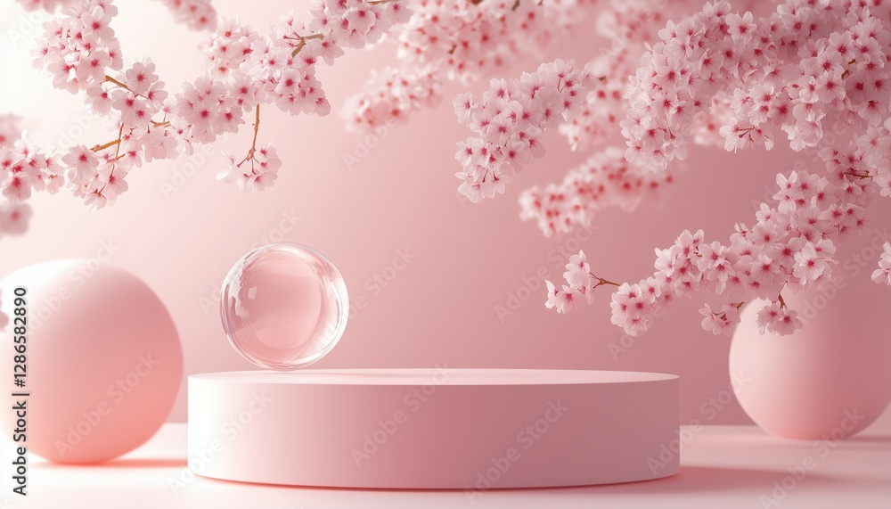 Poster white podium and cherry blossom backdrop for showcasing products in a virtual setting. 3d rendering 