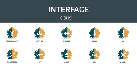 set of 10 outline web interface icons such as accessability, output, disable, down, up, fullscreen, left vector icons for report, presentation, diagram, web design, mobile app