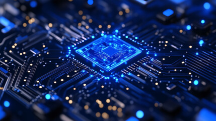 Fototapeta premium A close-up view of a luminous blue circuit board, showcasing intricate technological details and the core processor. quantum computer concept