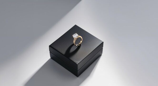 Black box with gold diamond ring lying mockup