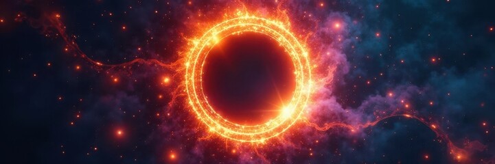 Fototapeta premium Luminous portal, blazing circles, elemental forces, dark void , background, space, design