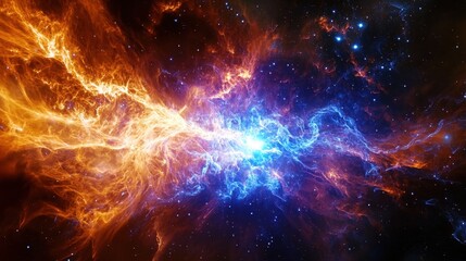 A celestial storm rages through a nebula, sending waves of vibrant electric plasma through space
