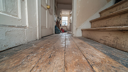 Obraz premium Renovated home interior showcasing newly installed hardwood flooring, enhancing space charm and warmth