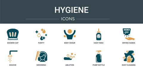 set of 10 outline web hygiene icons such as shower cap, purity, body odour, hair tonic, drying hands, douche, grooming vector icons for report, presentation, diagram, web design, mobile app