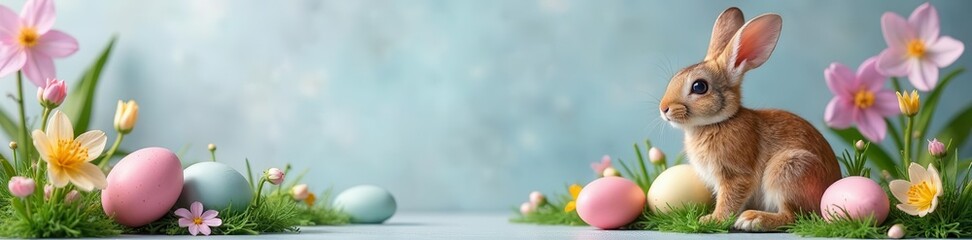 Obraz premium Pastel eggs, bunny, spring blooms on grey concrete, still life, photography