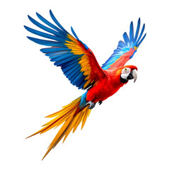 Majestic scarlet macaw in flight with bright blue, red, and yellow feathers isolated on transparent background