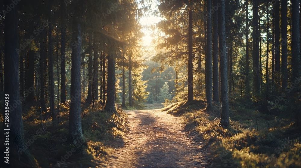 Poster serene and eco friendly forest pathway with radiant sunlight filtering through the trees creating a 
