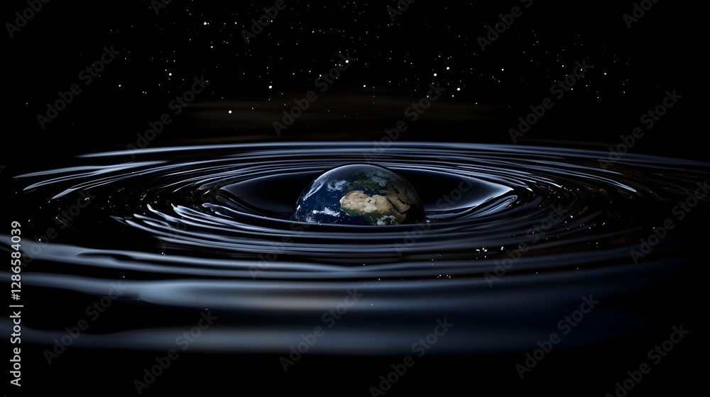 Poster serene depiction of a single water droplet merging with a ripple with the earth subtly reflected wit