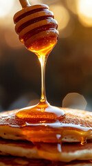A close-up of honey pouring over pancakes against a blurry background