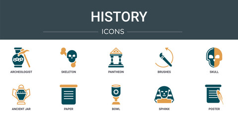 set of 10 outline web history icons such as archeologist, skeleton, pantheon, brushes, skull, ancient jar, paper vector icons for report, presentation, diagram, web design, mobile app