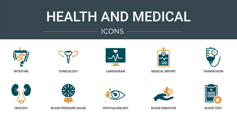 set of 10 outline web health and medical icons such as intestine, gynecology, cardiogram, medical report, transfusion, urology, blood pressure gauge vector icons for report, presentation, diagram,