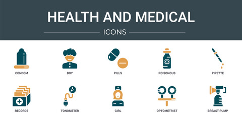 set of 10 outline web health and medical icons such as condom, boy, pills, poisonous, pipette, records, tonometer vector icons for report, presentation, diagram, web design, mobile app