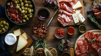 A photo of a traditional Spanish feast laid out on a rustic wooden table, featuring jamón ibérico, olives, manchego cheese, and glasses of rebujito during Feria de Abril in Seville