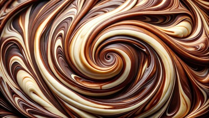 Rich, velvety chocolate swirled with creamy white and dark brown hues, creating a marbled effect on a smooth surface, treat