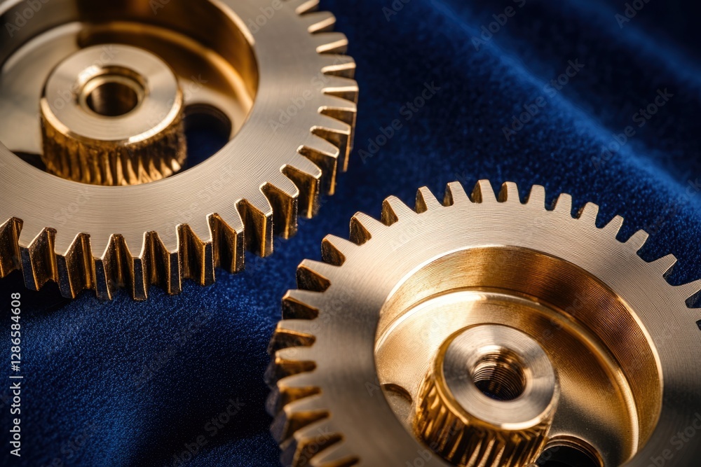 Poster close-up of two golden gears interlocked, showcasing intricate details and precision engineering.
