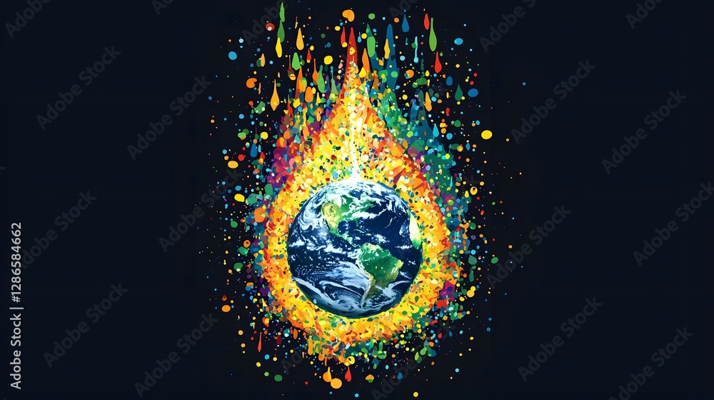 Poster symbolic visual representation of the earth contained within a water drop surrounded by a vibrant