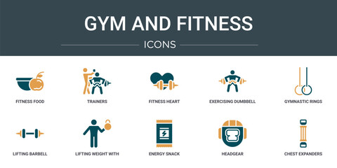 set of 10 outline web gym and fitness icons such as fitness food, trainers, fitness heart, exercising dumbbell, gymnastic rings, lifting barbell, lifting weight with right arm vector icons for