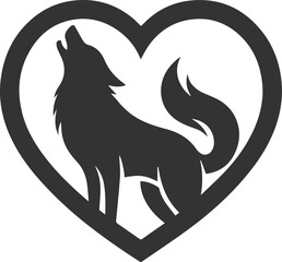 A silhouette of a wolf howling inside a heart shaped frame animal vector