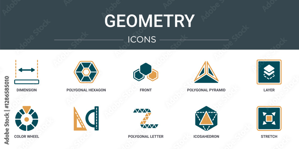 Poster set of 10 outline web geometry icons such as dimension, polygonal hexagon, front, polygonal pyramid 