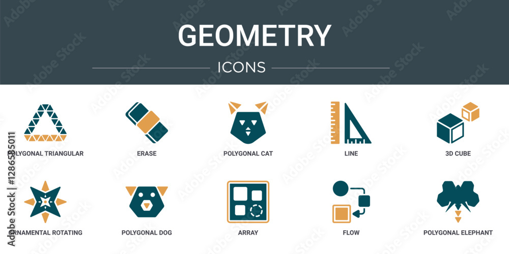 Poster set of 10 outline web geometry icons such as polygonal triangular recycle, erase, polygonal cat, lin