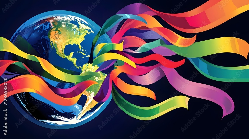 Poster vibrant abstract design of the planet earth surrounded by flowing ribbons in a variety of colors sym