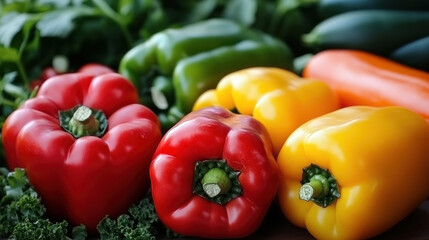 vibrant assortment of fresh bell peppers in red, yellow, and green hues, surrounded by leafy greens and zucchini, showcasing colorful and healthy vegetable display
