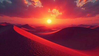 Crimson sun dips below towering dunes, casting long shadows , orange, sand, natural